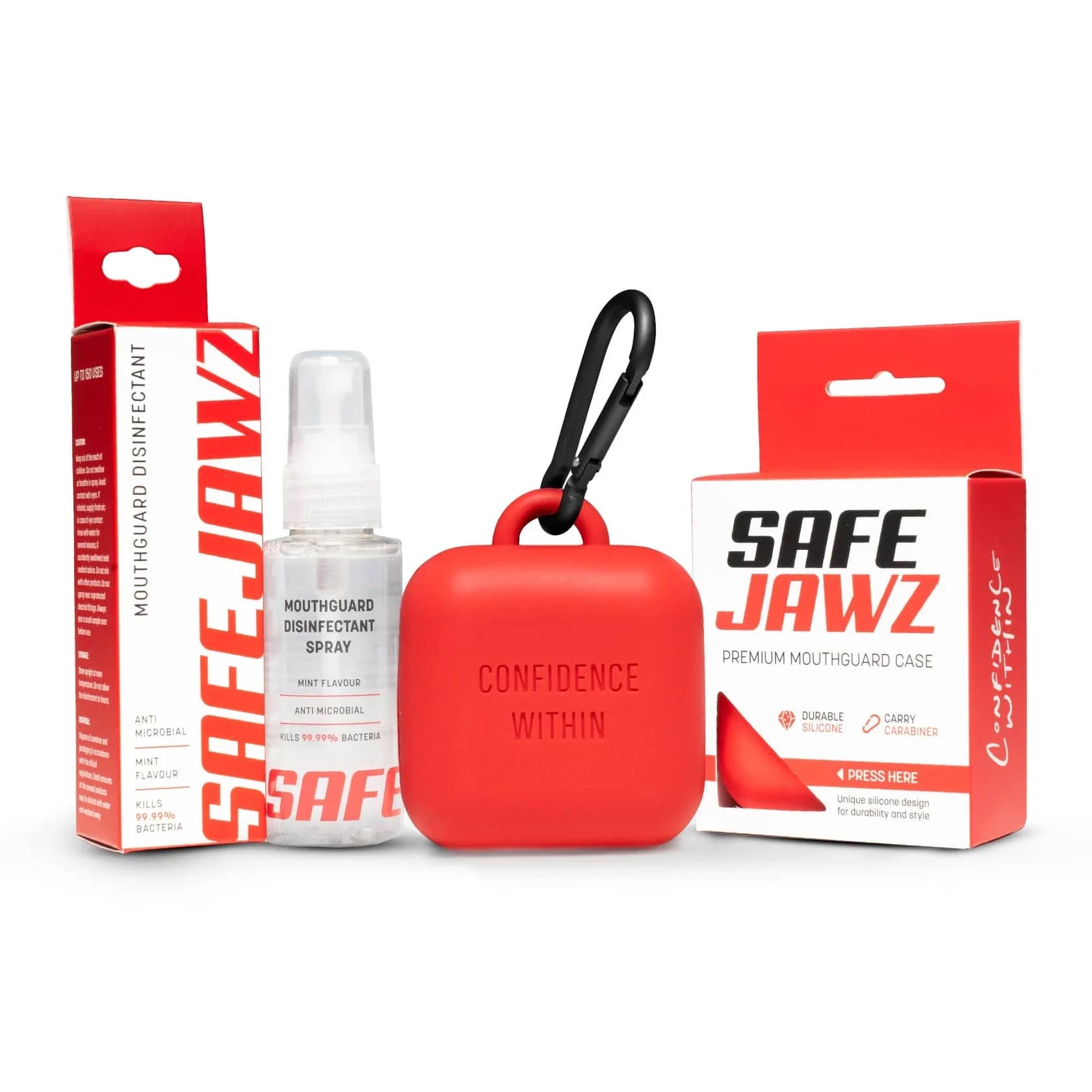 SafeJawz pleiepakke · premiumetui og spray – originalt produktbilde fra SafeJawz